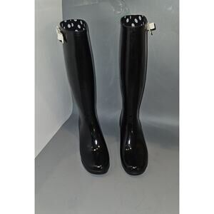 Black Kate Spade Randi knee Hi Sz 8  Black Glossy Rain Boots, heel, bow & COA
